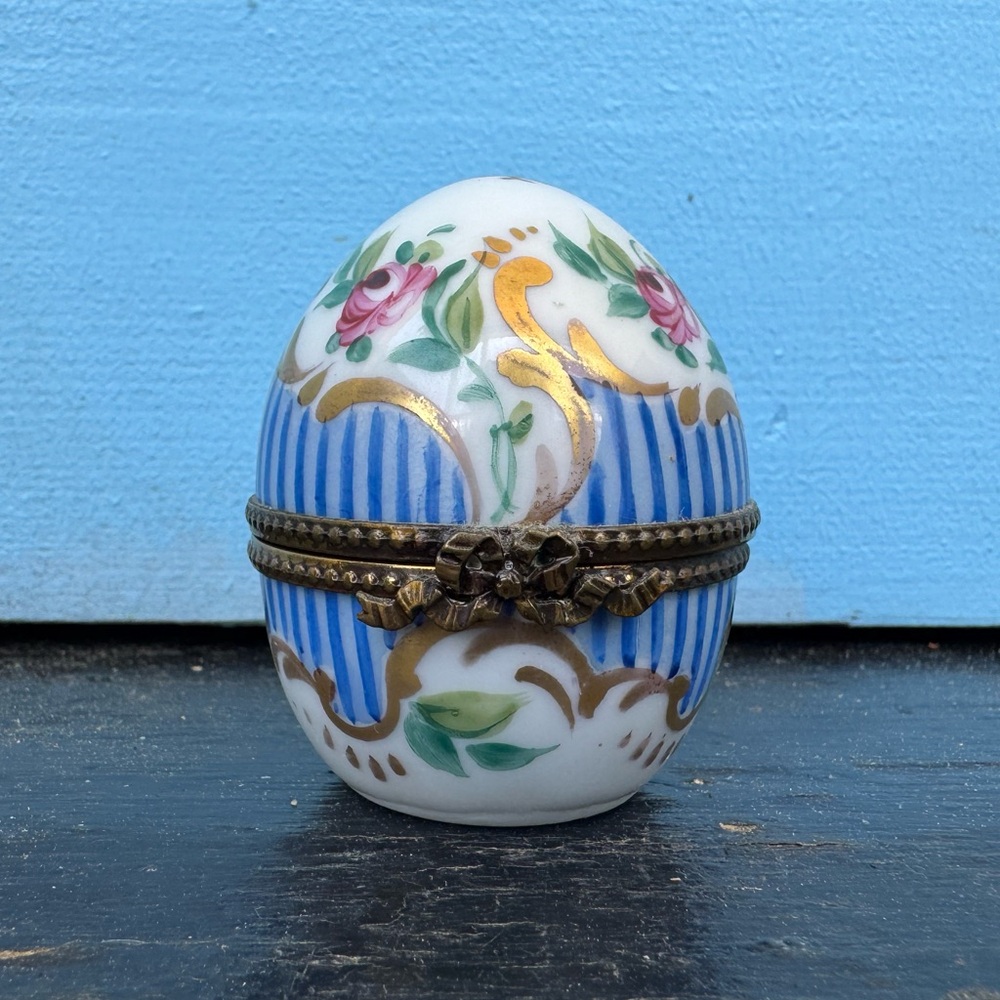Limoges Small Blue Floral Egg Urn w/ Small Perfume Bottle Trinket Pill Box